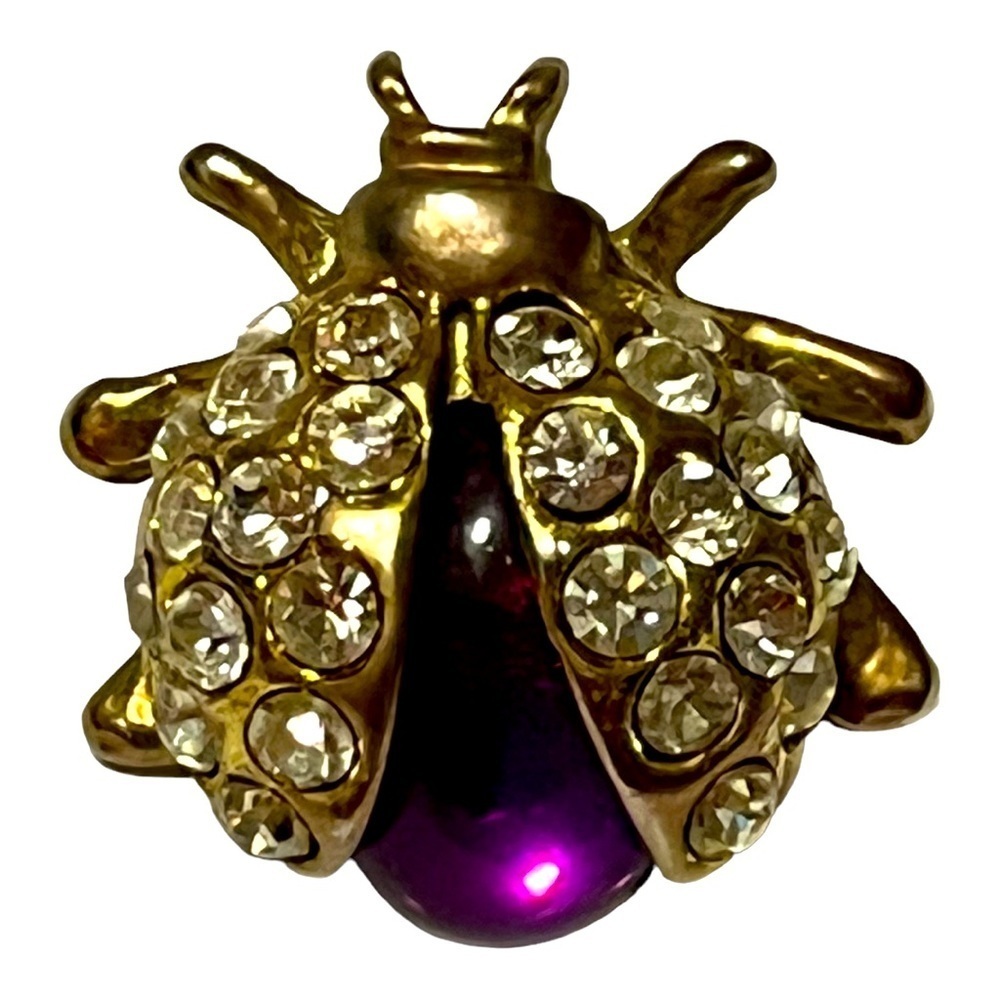 Vintage jelly belly ladybug pin magenta belly clear rhinestones gold tone wings